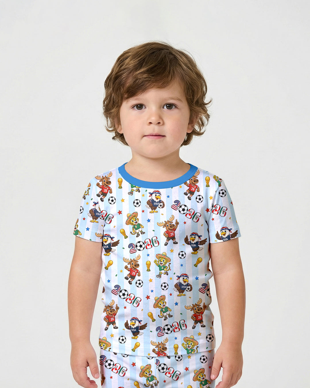 Striped Cute Mascots Soccer Cup 2026 Bamboo Two Piece Short Sleeve Shorts Pajama Set