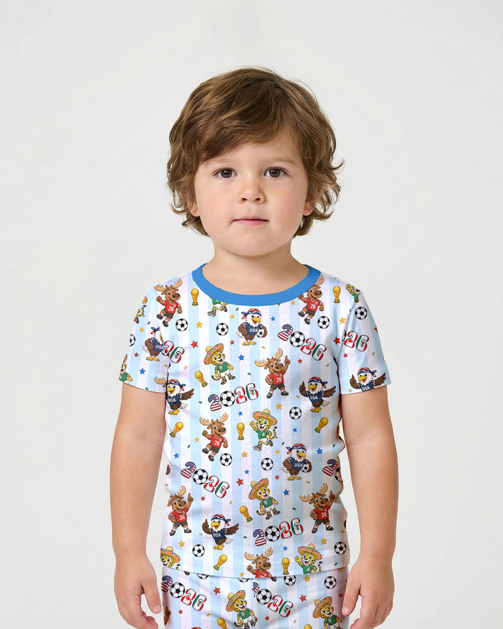 Striped Cute Mascots Soccer Cup 2026 Bamboo Two Piece Short Sleeve Shorts Pajama Set