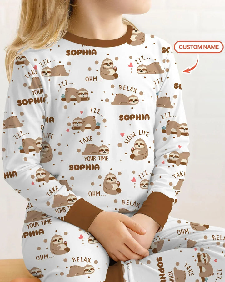 Custom Name Cute Sloth Bamboo Two Piece Long Sleeve Pajama Set