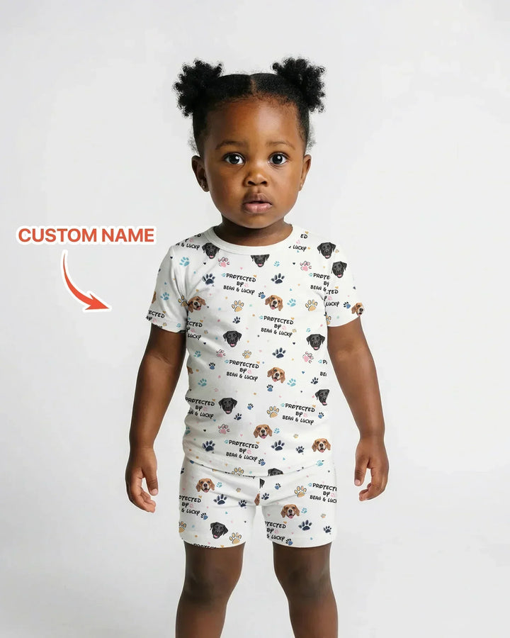 Custom Dogs Photo "Protected By" Bamboo Two Piece Short Sleeve Shorts Pajama Set