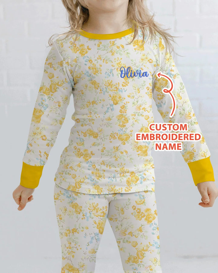 Custom Name Embroidered Floral Bamboo Two Piece Long Sleeve Pajama Set
