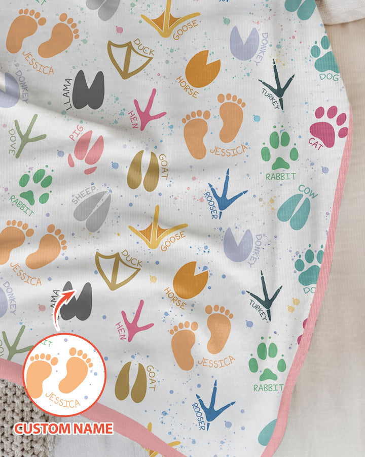 Cute Farm Animal Tracks Custom Name Bamboo Blanket