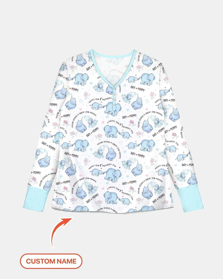 Custom Name Mother & Baby Elephant Bamboo Women Pajama Set