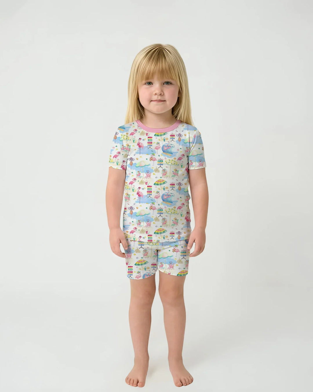 Flamingo Beach Family Matching Bamboo Two Piece Short Sleeve Shorts Pajama Set