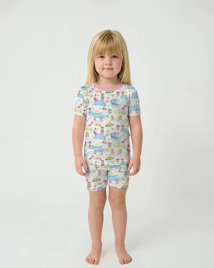 Flamingo Beach Family Matching Bamboo Two Piece Short Sleeve Shorts Pajama Set