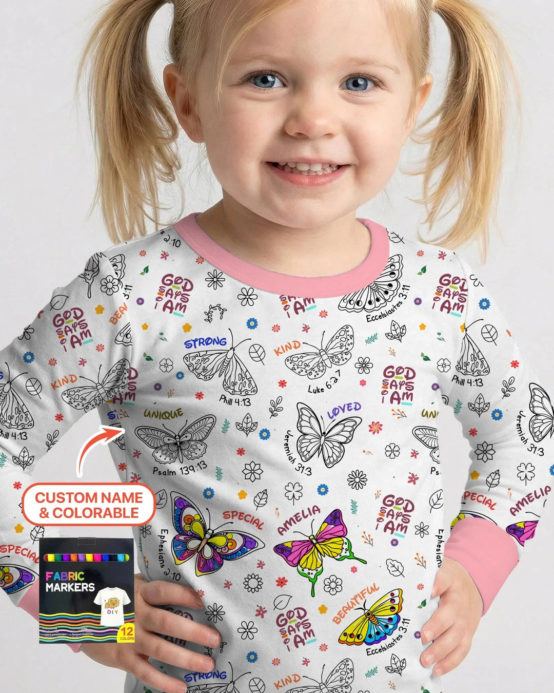 Colorable Custom Name God Says I Am Butterfly Bamboo Two Piece Long Sleeve Pajama Set