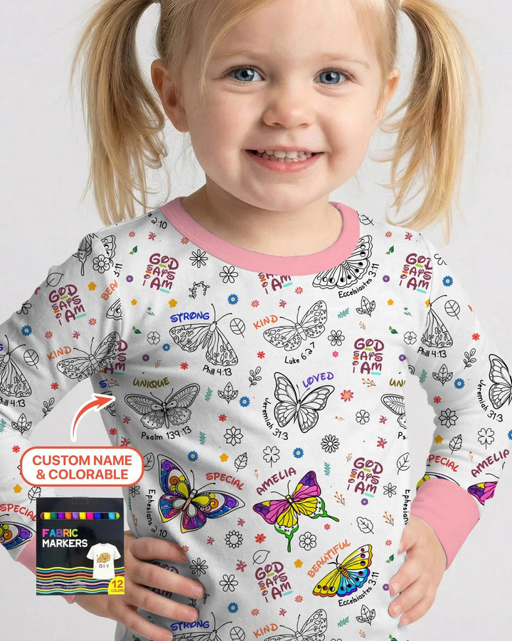 Colorable Custom Name God Says I Am Butterfly Bamboo Two Piece Long Sleeve Pajama Set