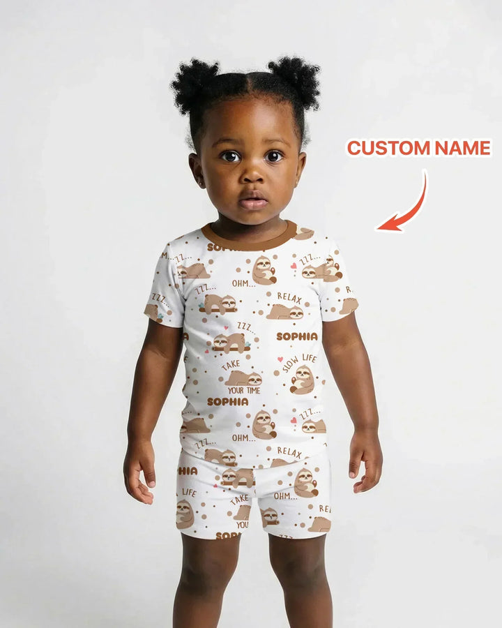 Custom Name Cute Sloth Bamboo Two Piece Short Sleeve Shorts Pajama Set