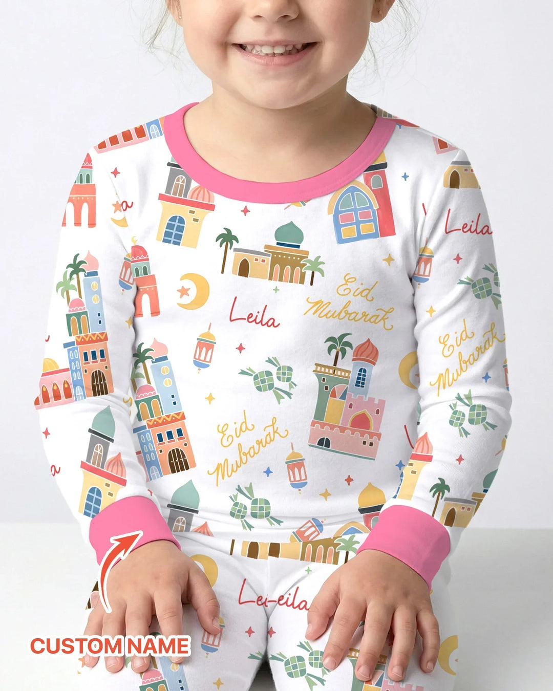 Eid Mubarak Custom Name Bamboo Two Piece Long Sleeve Pajama Set