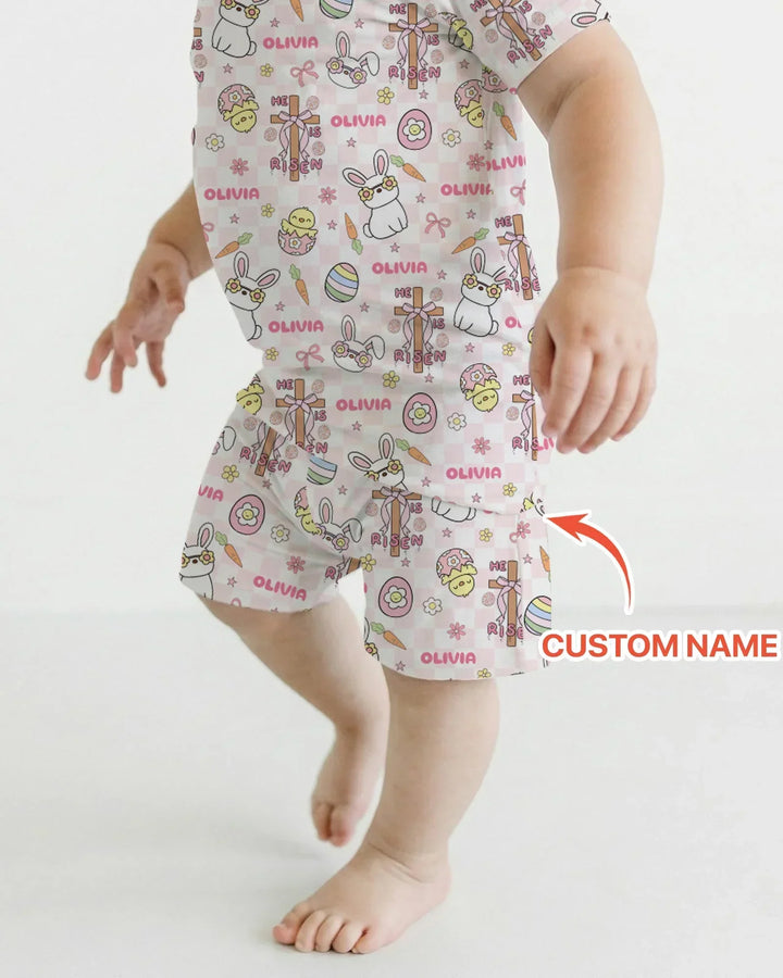 Custom Name Retro Easter Bamboo Two Piece Short Sleeve Shorts Pajama Set