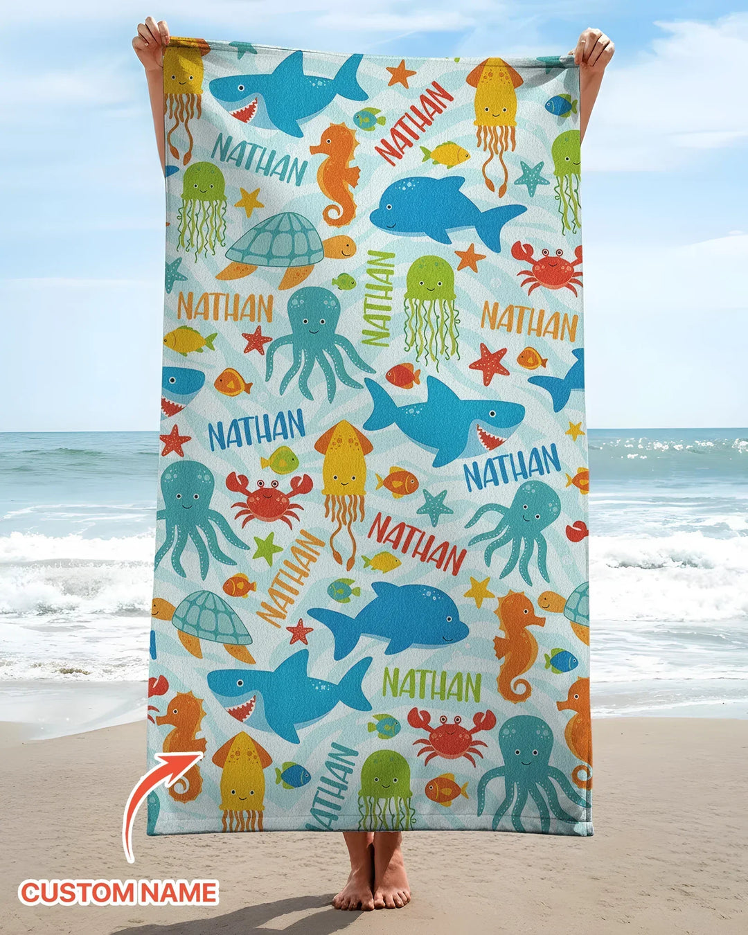 Custom Name Sea Life Kid Bamboo Beach Towel