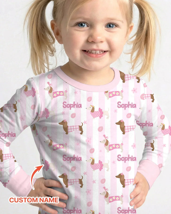 Custom Name Easter Dachshunds Family Matching Bamboo Two Piece Long Sleeve Pajama Set