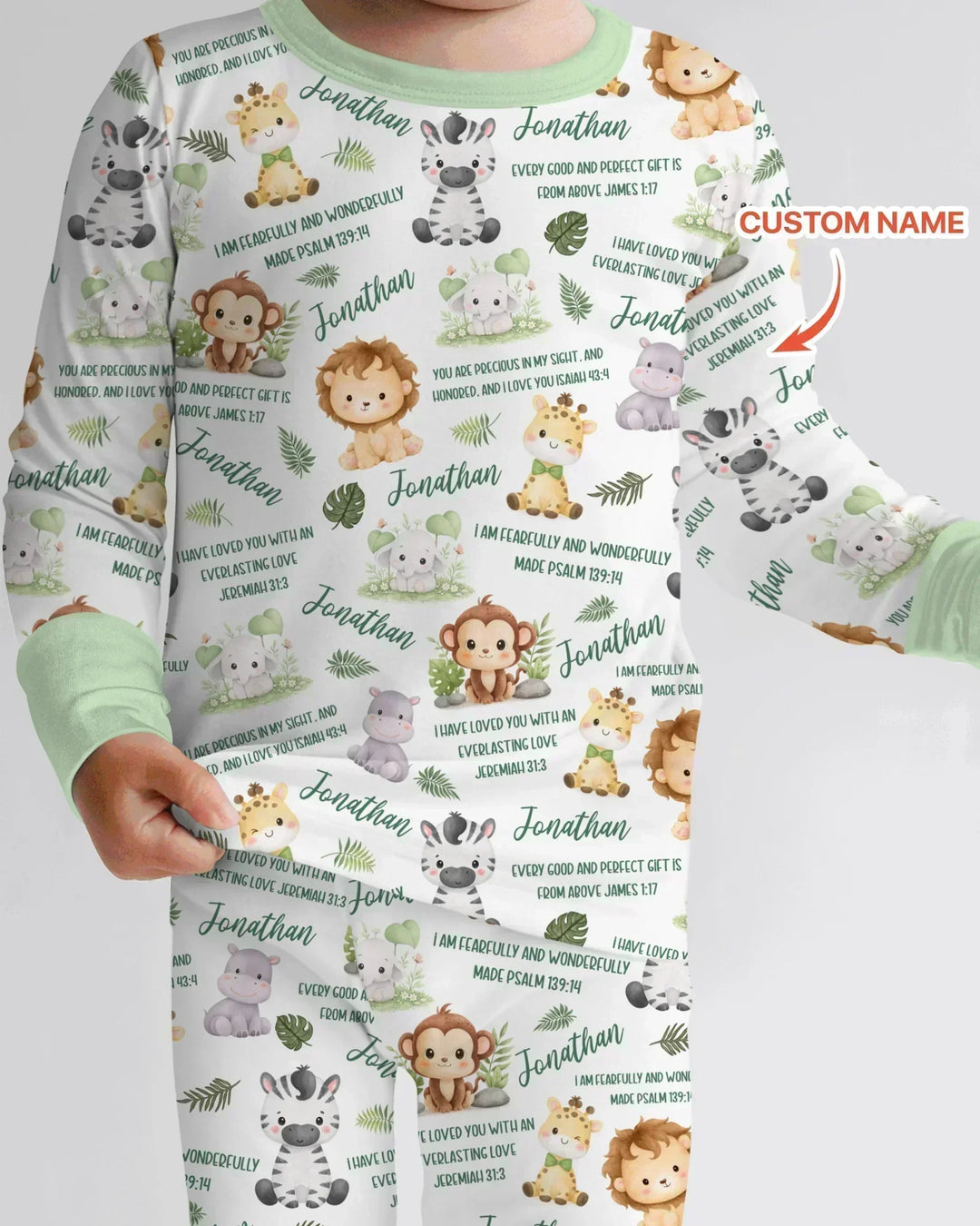 Custom Name Bible Verse Safari Animal Bamboo Two Piece Long Sleeve Pajama Set
