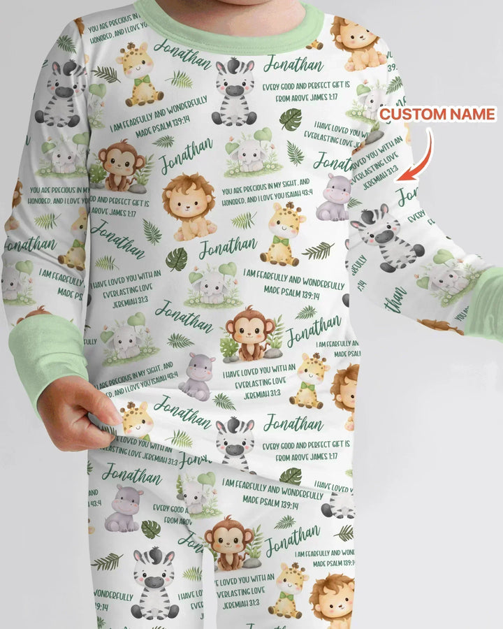 Custom Name Bible Verse Safari Animal Bamboo Two Piece Long Sleeve Pajama Set