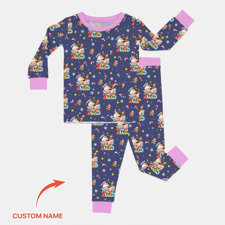 Custom Name Baby Girl's First Christmas Bamboo Two Piece Long Sleeve Pajama Set