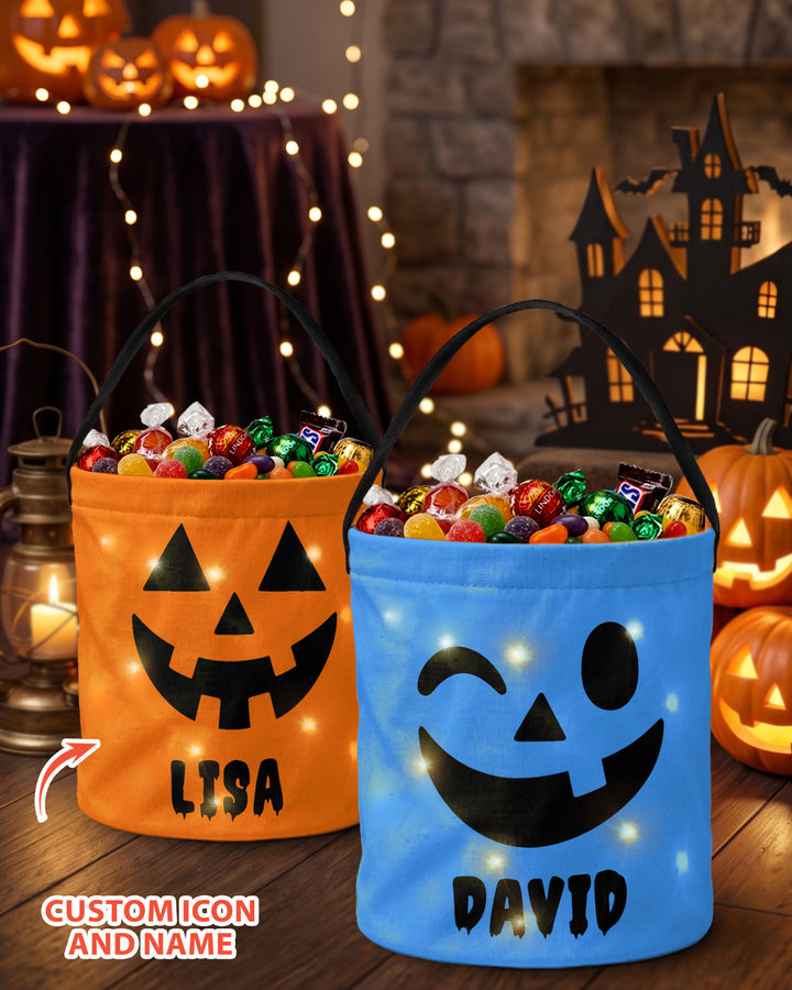 Halloween Pumpkin Face Custom Name Led Light Bucket Bag