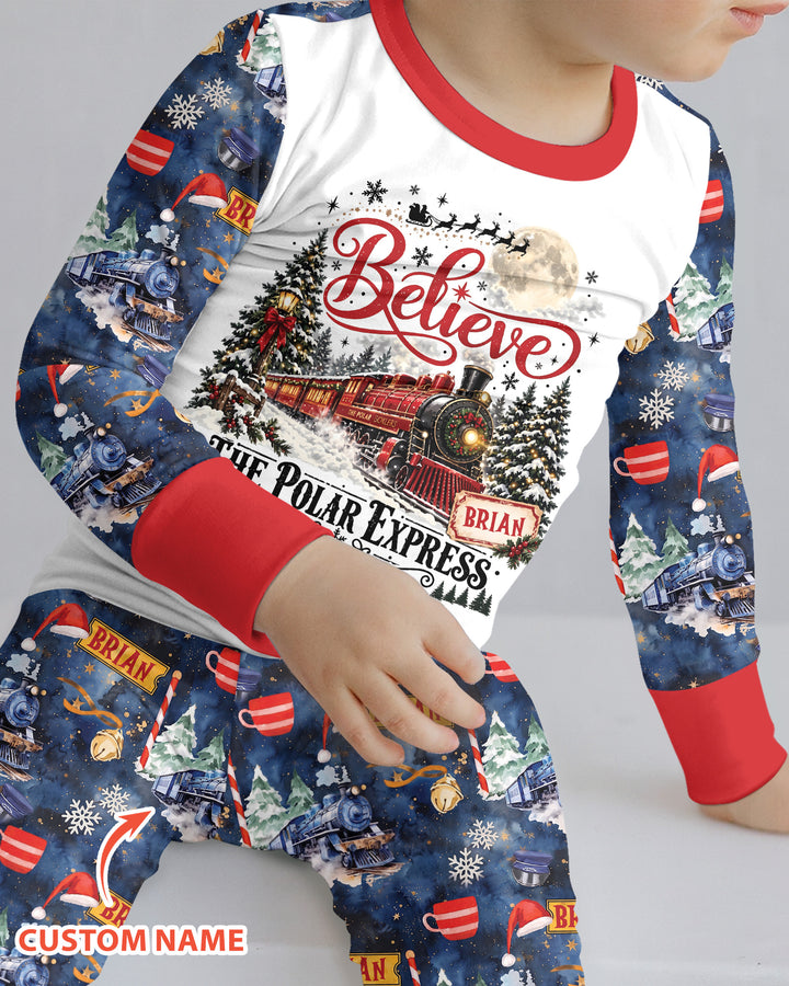 Believe North Pole Train Custom Name  Bamboo Two Piece Long Sleeve Pajama Set