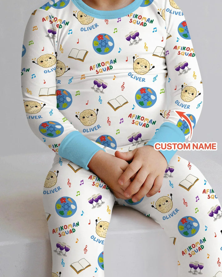 Custom Name Passover Afikoman Squad Bamboo Two Piece Long Sleeve Pajama Set