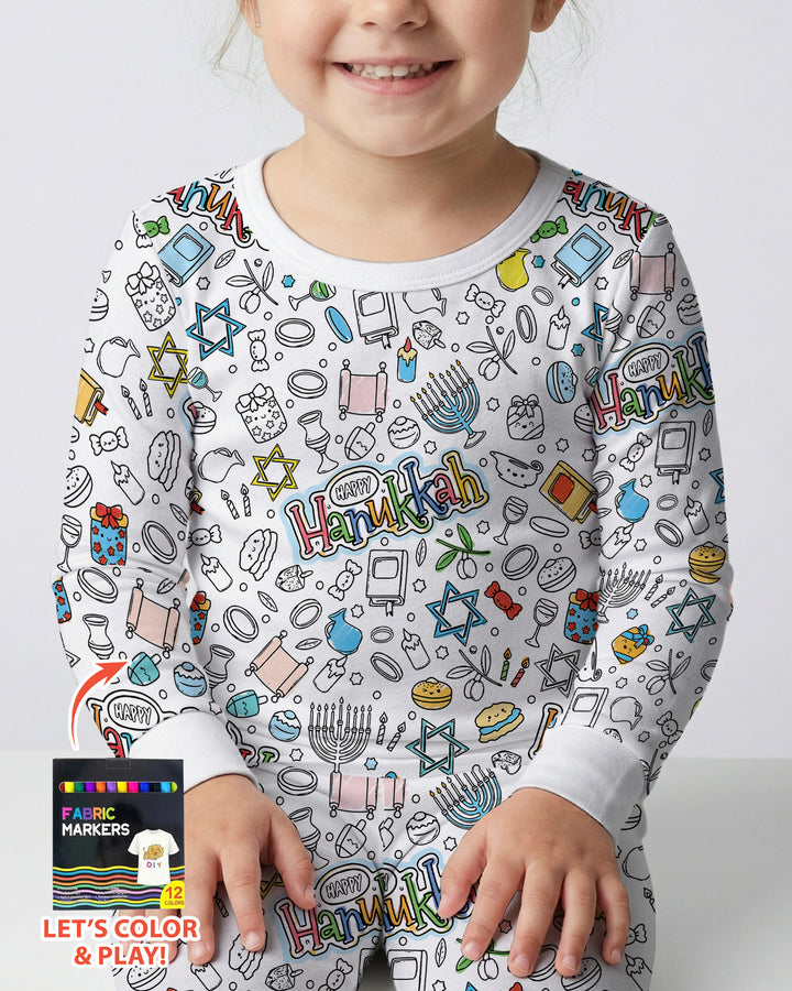 Happy Hanukkah Colorable Bamboo Two Piece Long Sleeve Pajama Set