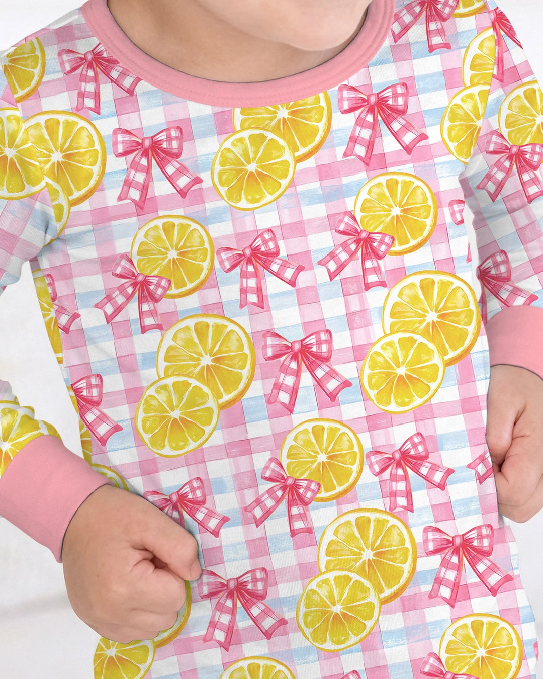 Pink Lemons Bows Checkered Bamboo Two Piece Long Sleeve Pajama Set