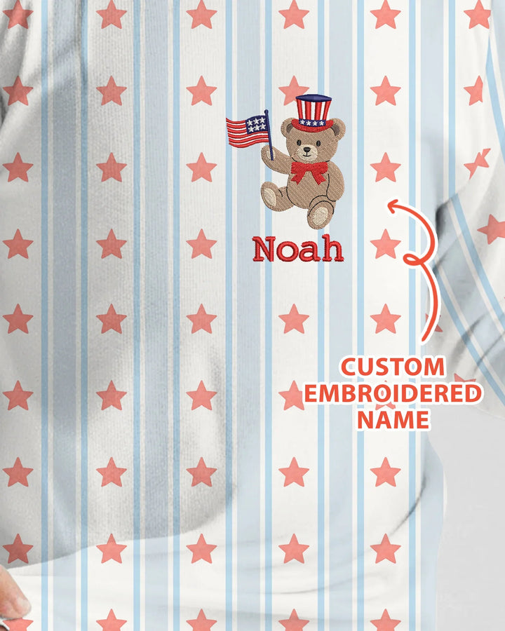 Custom Name Embroidered First 4th Of July Baby Bamboo Two Piece Long Sleeve Pajama Set