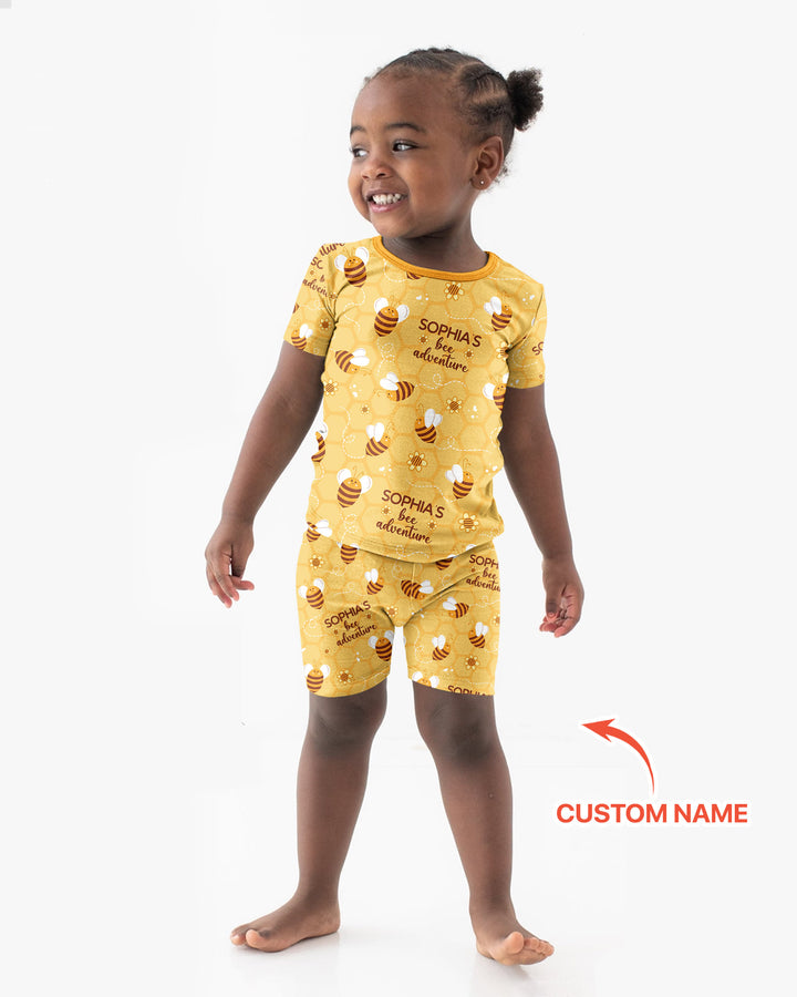 Custom Name Bee Back To School Bamboo Two Piece Short Sleeve Shorts Pajama Set
