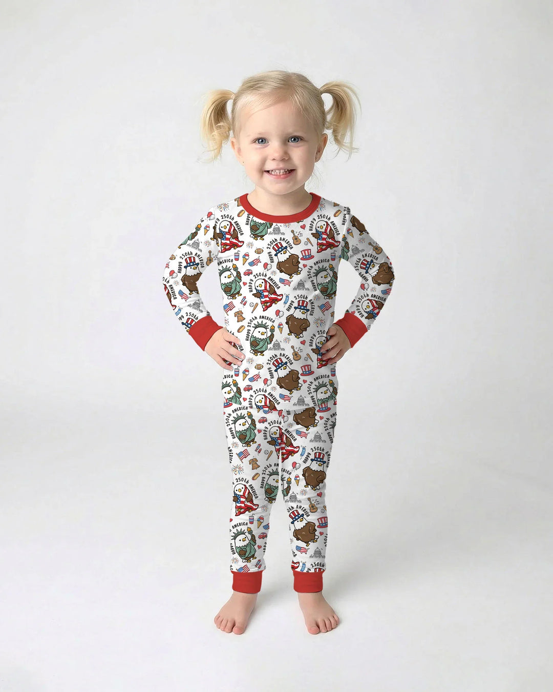Happy 250th America Cute Patriotic Eagles Family Matching Bamboo Two Piece Long Sleeve Pajama Set