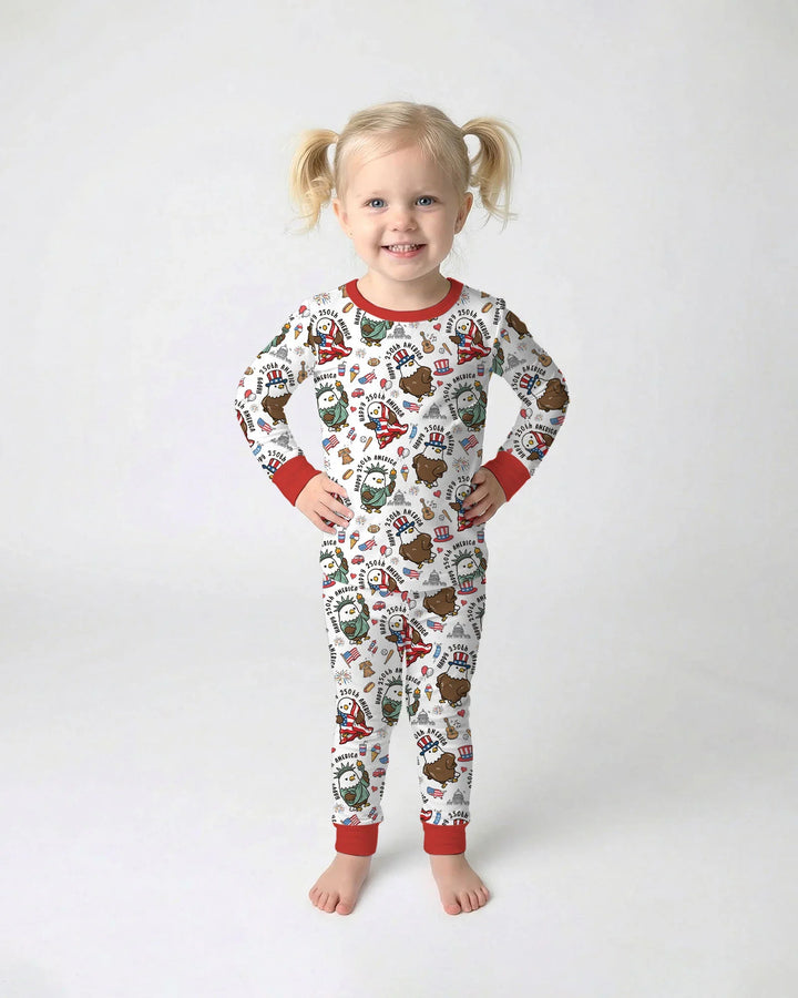 Happy 250th America Cute Patriotic Eagles Family Matching Bamboo Two Piece Long Sleeve Pajama Set