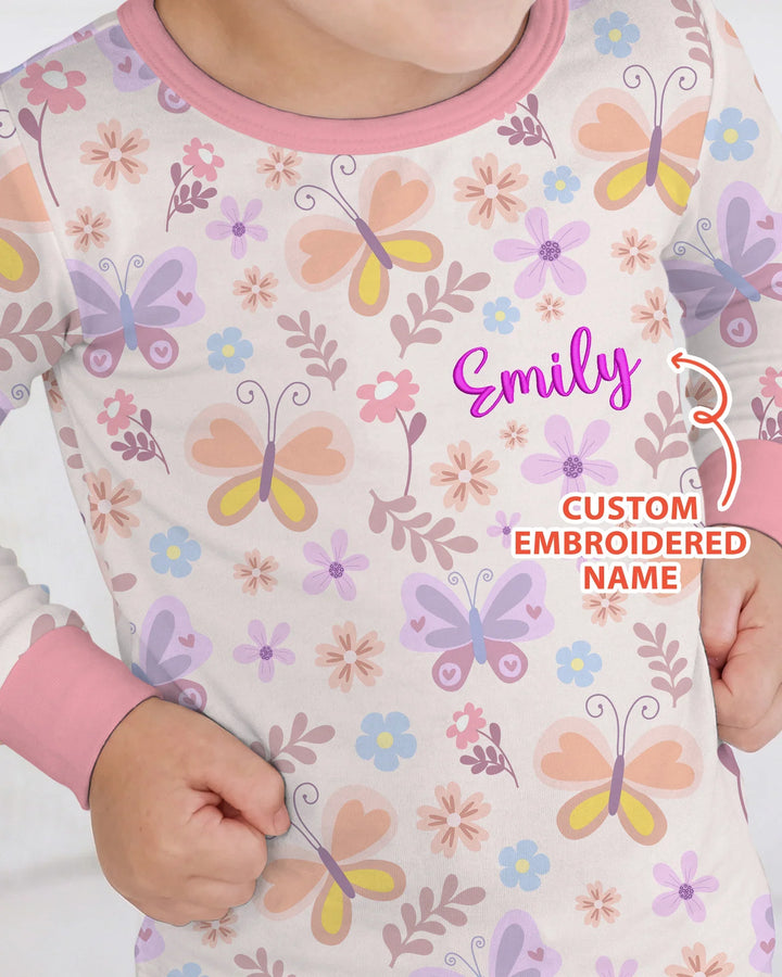 Custom Embroidered Name Butterfly Bamboo Two Piece Long Sleeve Pajama Set