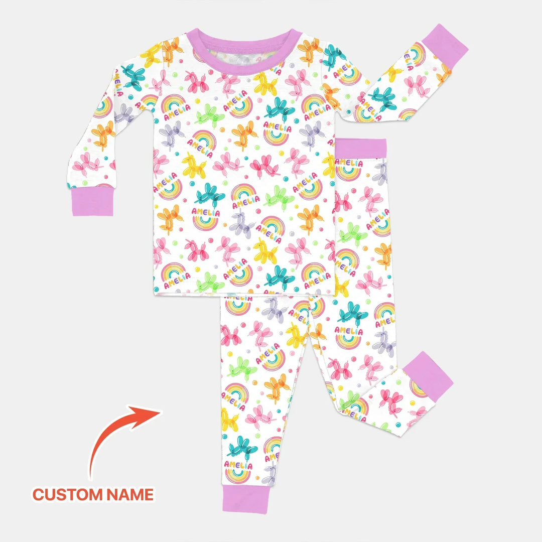 Sweet Balloon Dreams Custom Name Bamboo Two Piece Long Sleeve Pajama Set