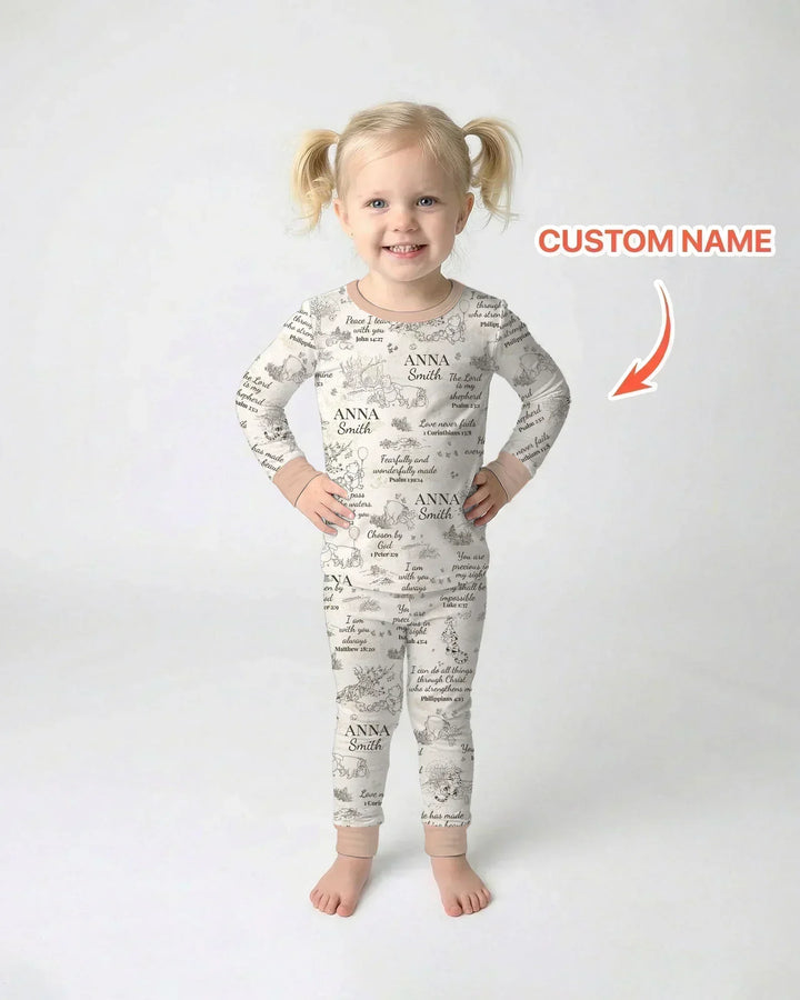 Classic Bear Bible Verse Custom Name Bamboo Two Piece Long Sleeve Pajama Set