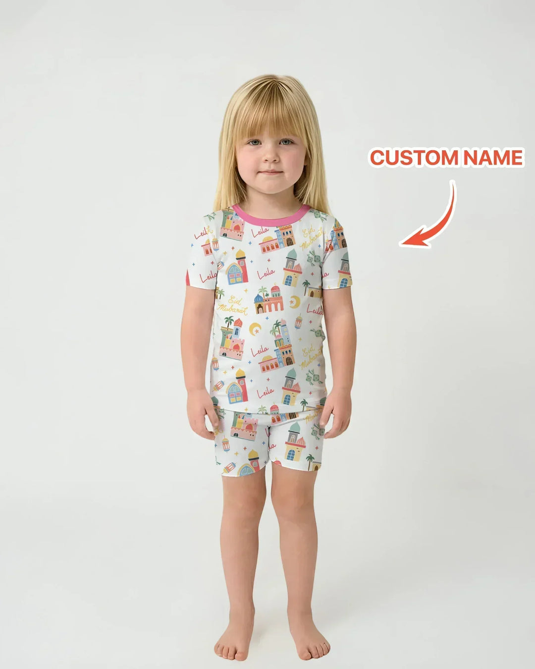 Eid Mubarak Custom Name Bamboo Two Piece Short Sleeve Shorts Pajama Set