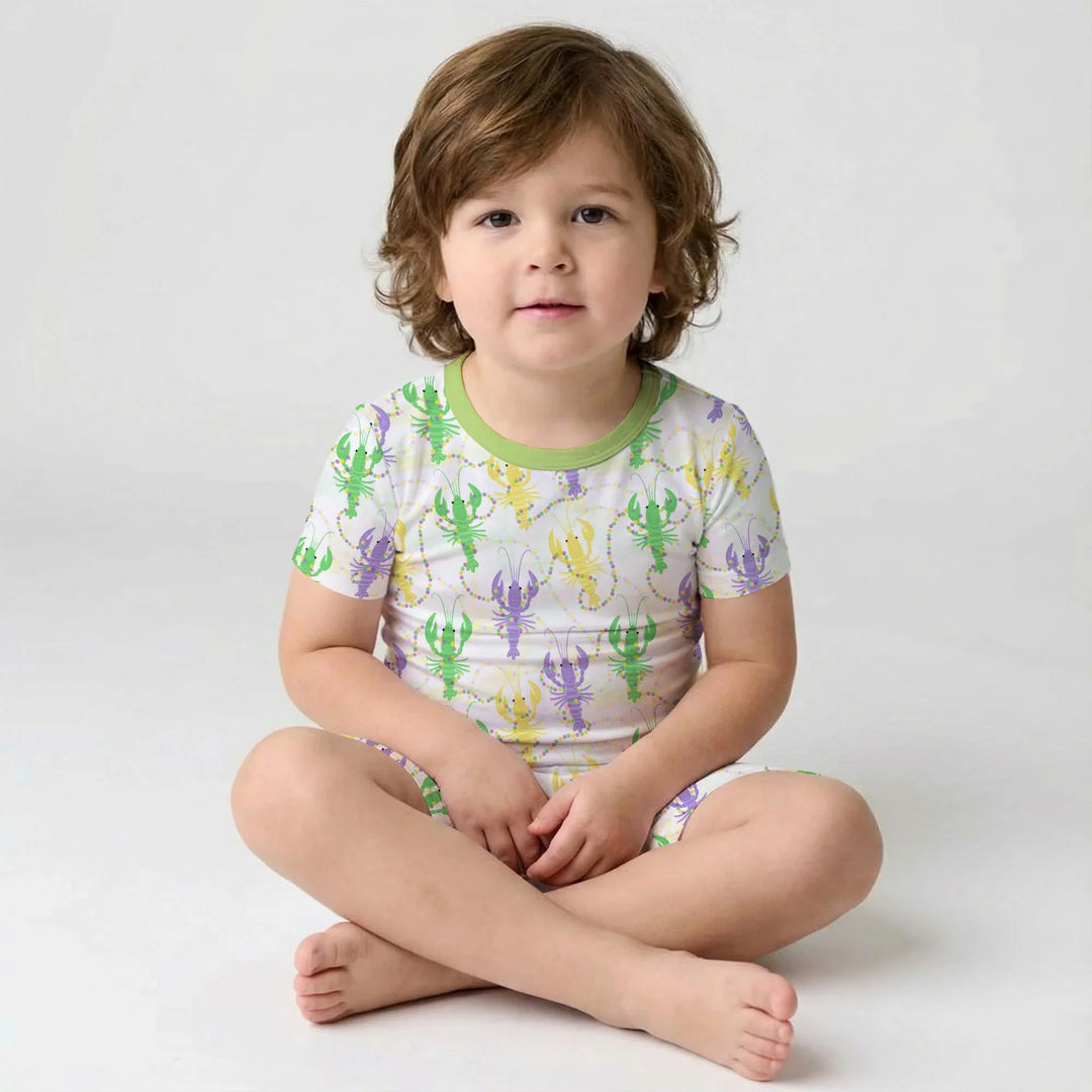 Mardi Gras Crawfish Family Matching Bamboo Two Piece Short Sleeve Shorts Pajama Set