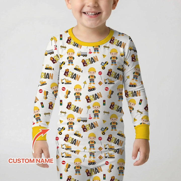 Custom Name Doodle Little Builder Bamboo Two Piece Long Sleeve Pajama Set