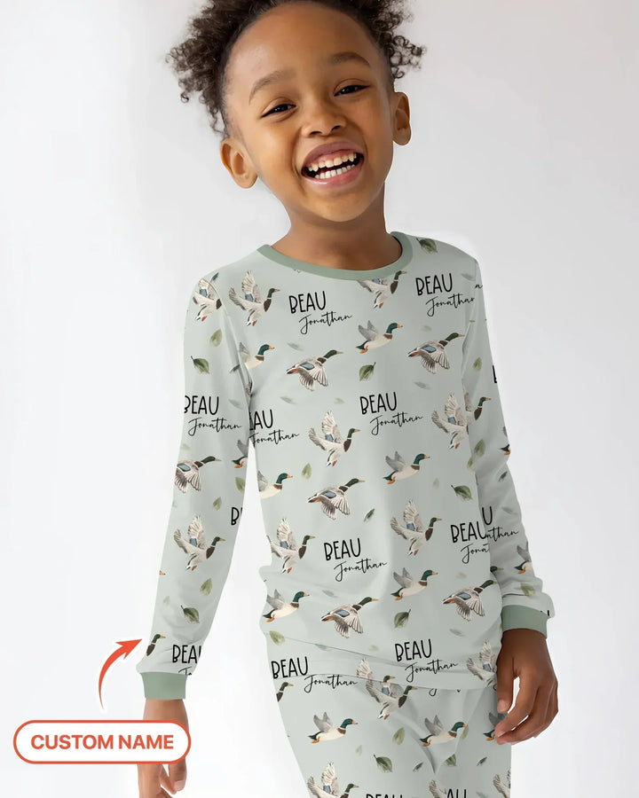 Custom Name Mallard Duck Bamboo Two Piece Long Sleeve Pajama Set