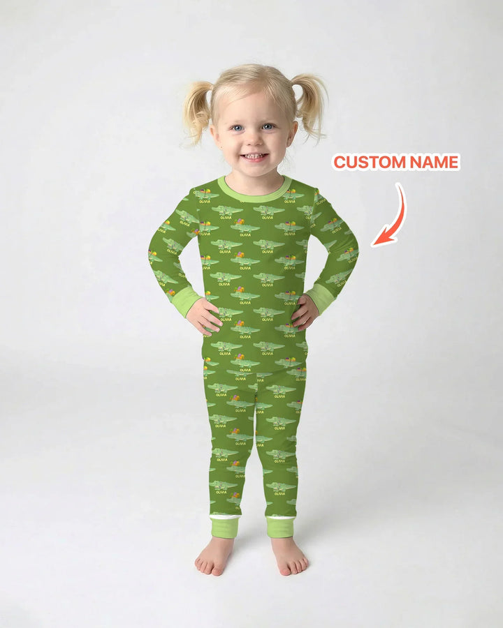 Custom Name Mardi Gras Gator Bamboo Two Piece Long Sleeve Pajama Set