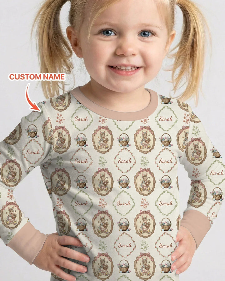 Vintage Bunny Easter Custom Name Mommy & Me Matching Bamboo Two Piece Long Sleeve Pajama Set