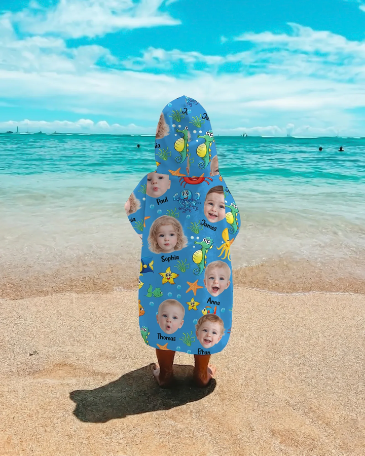 Custom Photo Cute Kid Face Watercolor Sea Creatures Summery Bamboo Swim Poncho