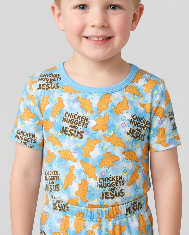 Chicken Nuggets and Jesus Family Matching Bamboo Two Piece Short Sleeve Shorts Pajama Set
