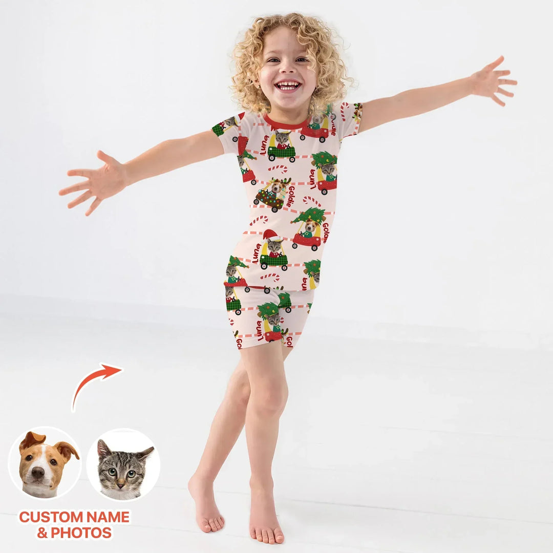 Custom Pet Photo Christmas Tikes Car Bamboo Two Piece Short Sleeve Shorts Pajama Set
