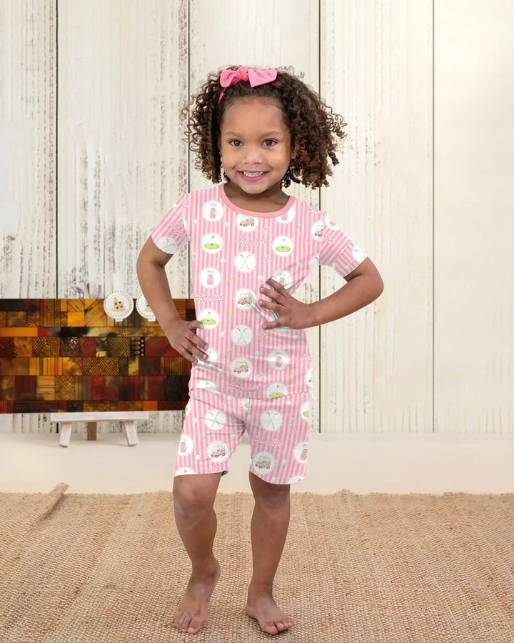 Custom Name Pink Golf Girl Bamboo Two Piece Short Sleeve Shorts Pajama Set