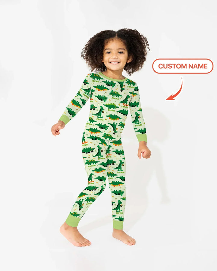 Custom Name St. Patrick's Day Dinosaurs Bamboo Two Piece Long Sleeve Pajama Set