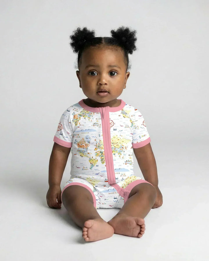 Whimsical World Map Family Matching Bamboo Shorty Zippy