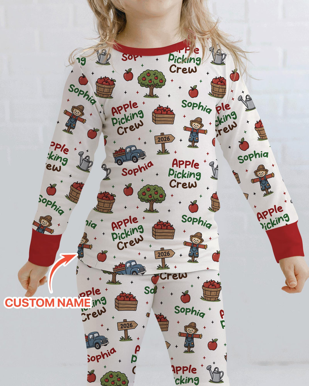 Custom Name Apple Picking Crew Bamboo Two Piece Long Sleeve Pajama Set