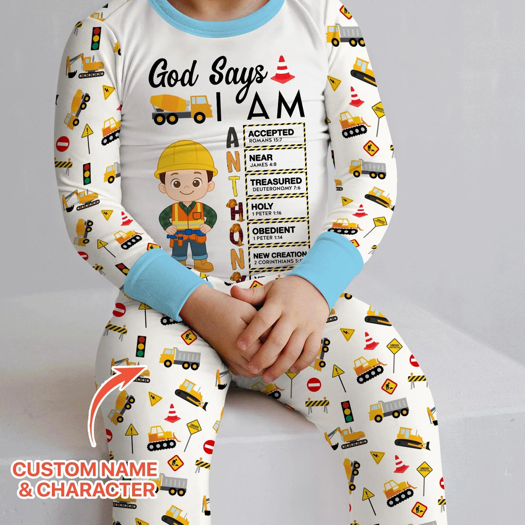 Custom Name God Says I Am Little Builder Letter in Bible Bamboo Two Piece Long Sleeve Pajama Set