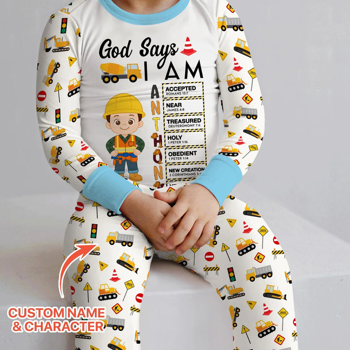 Custom Name God Says I Am Little Builder Letter in Bible Bamboo Two Piece Long Sleeve Pajama Set