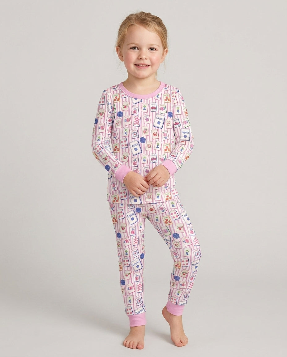 Coastal Mahjong Custom Name Mommy & Me Matching Bamboo Two Piece Long Sleeve Pajama Set