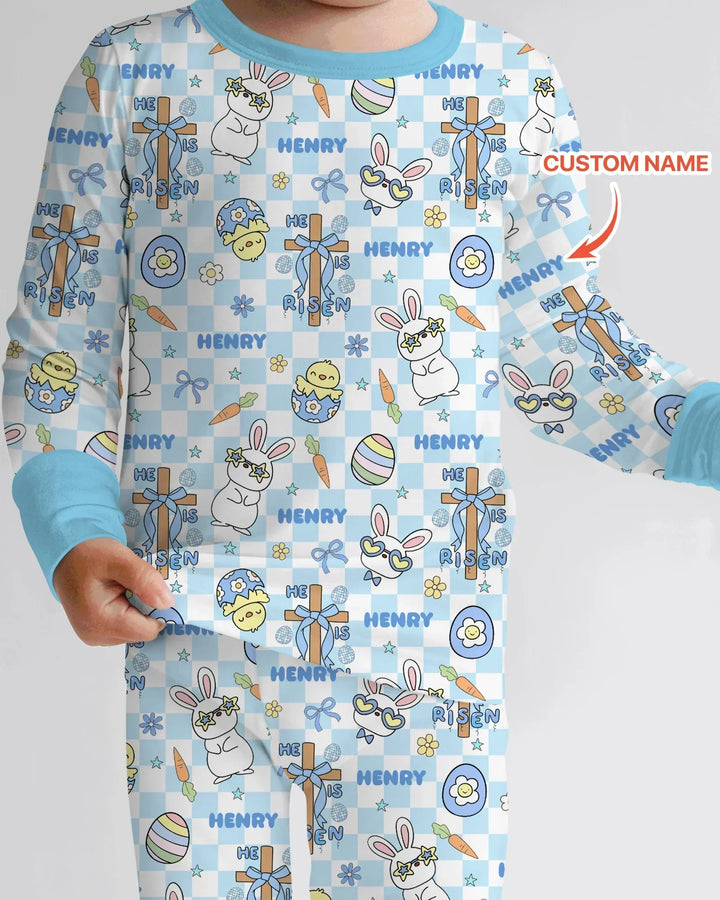 Custom Name Retro Easter Bamboo Two Piece Long Sleeve Pajama Set
