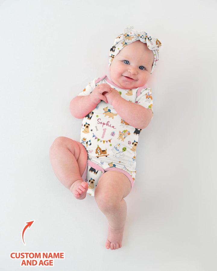 Custom Name Birthday Dogs Party Bamboo Bodysuit