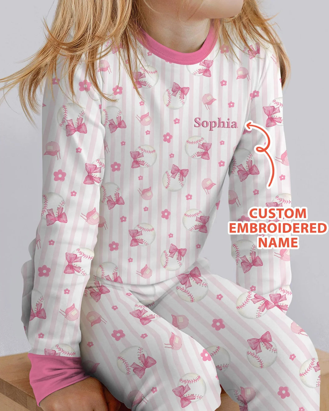 Custom Embroidered Name Baseball Girl Bamboo Two Piece Long Sleeve Pajama Set